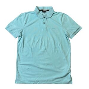 Boss mens XL light blue solid regular fit pique cotton polo shirt EUC